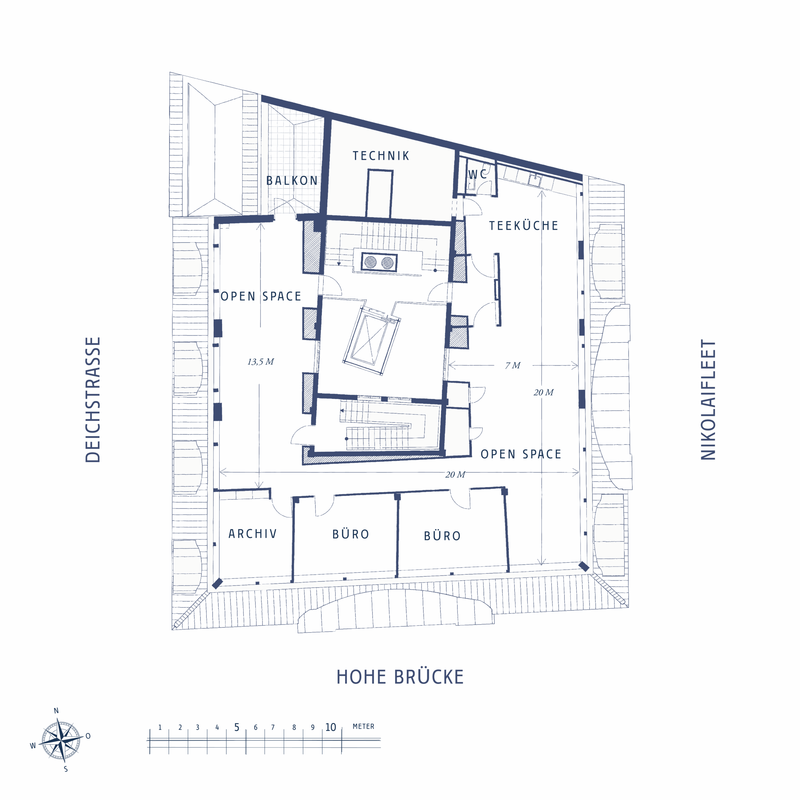 Grundriss einer Mietfläche mit offenen Räumen, Büro und Technikbereich, beschriftet mit Straßen und Maßen.