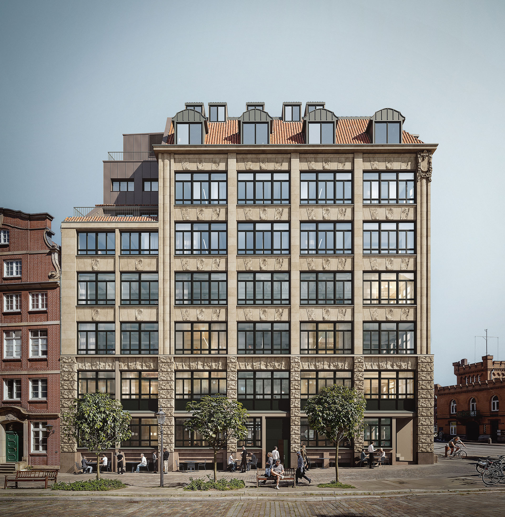 Modernes Gebäude mit großen Fenstern, begrünten Eingängen und urbanem Umfeld.