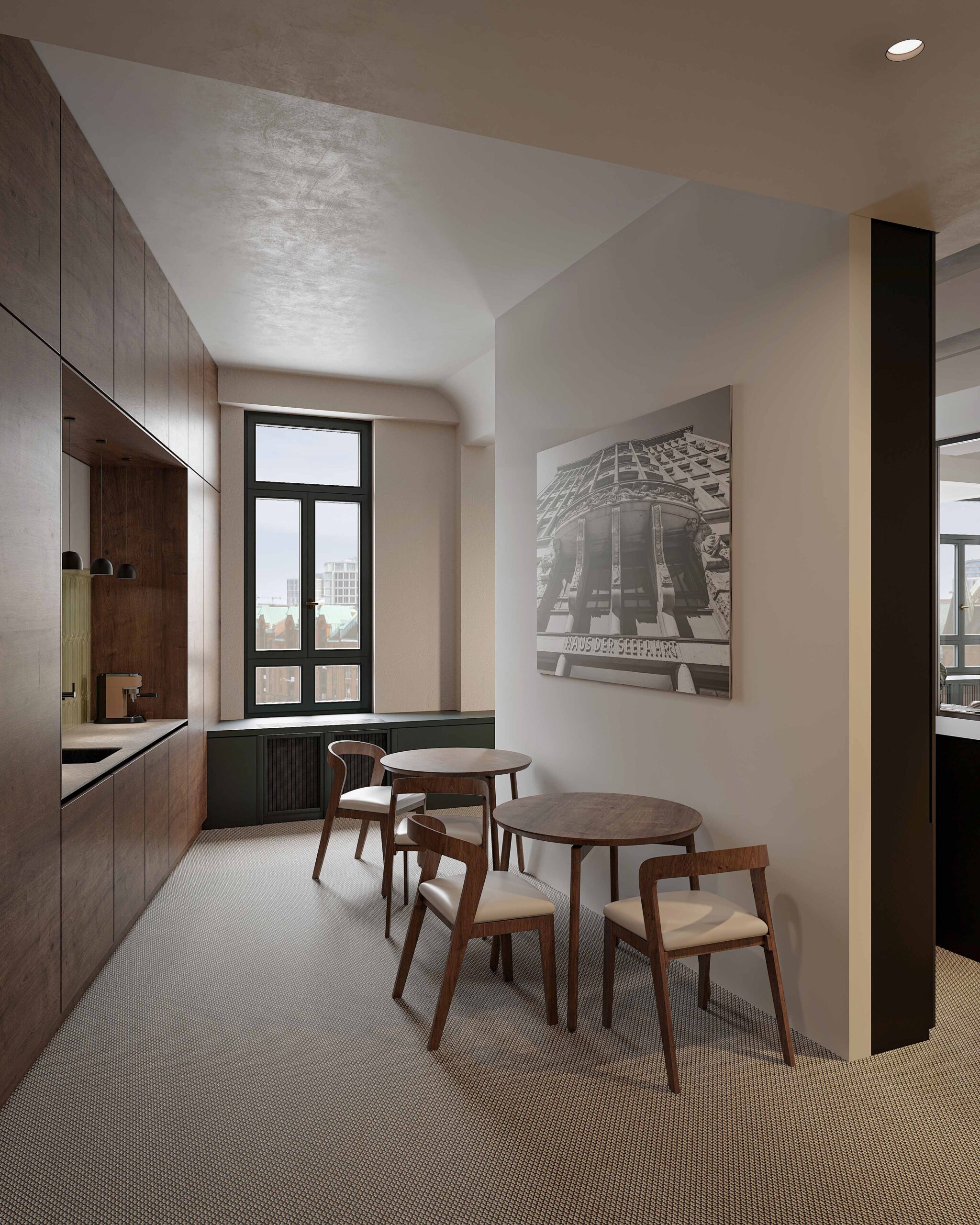 Moderne Mietflächen mit Küchenzeile, Essbereich und großem Fenster für Tageslicht.